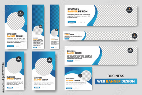  set of creative web banners of standard size with a place for photos. Gradient black. Business ad banner. Vertical, horizontal and square template.