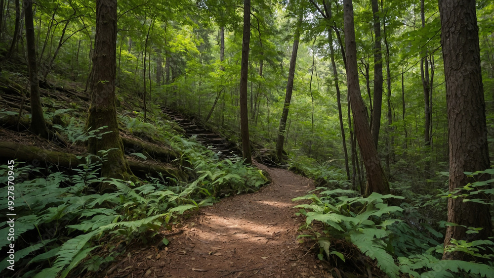 Forest trail winding along a serene lake surrounded by lush green trees on a calm, overcast day. Forest trail winding along a serene lake surrounded by lush green trees on a calm, overcast day.