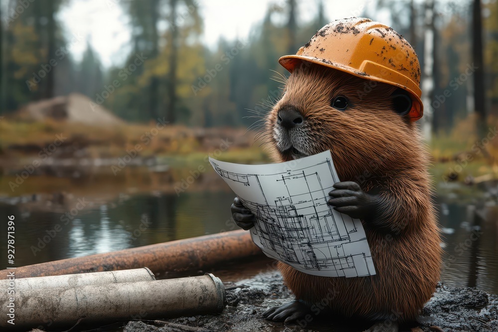 anthropomorphic beaver wearing a hard hat and holding blueprints ...