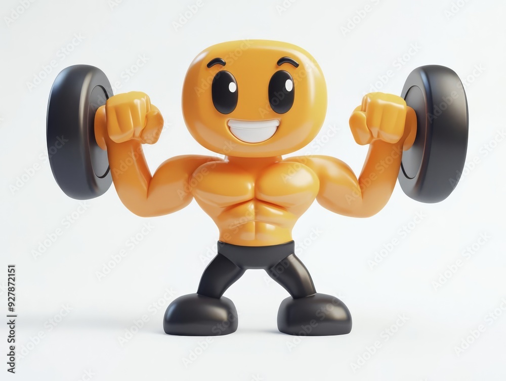 Fitness mascot, strong dumbbell character with flexing muscles, white background, 3D illustration Fitness mascot, strong dumbbell character with flexing muscles, white background, 3D illustration