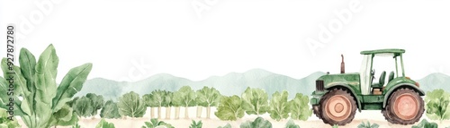 A vibrant green tractor in a lush field, surrounded by nature, showcasing agricultural life and farming beauty. watercolor style.