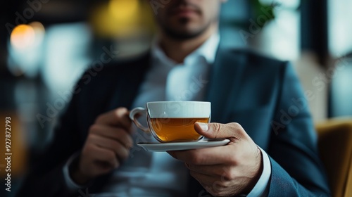 Man in Suit Enjoying a Cup of Tea in a Cafe