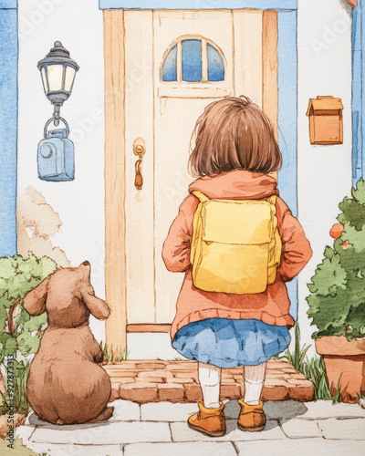 A young girl with a yellow backpack standing at a door, accompanied by a brown dog, ready for an adventure. watercolor style. photo