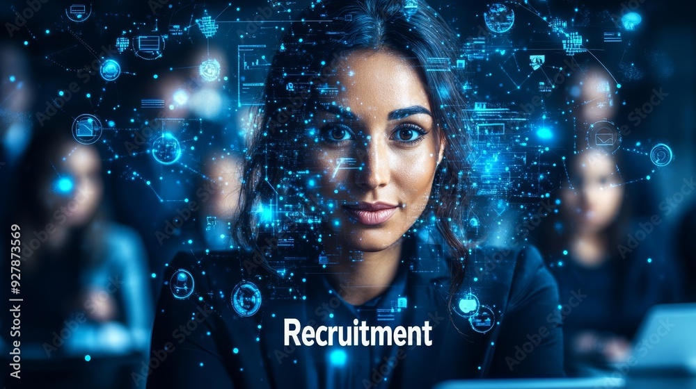 A group of administrators reviewing applications and scheduling interviews in a busy HR department. with digital infographic text A group of administrators reviewing applications and scheduling interviews in a busy HR department. with digital infographic text
