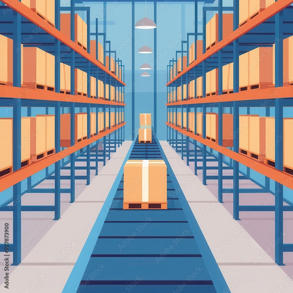 Fototapeta premium Warehouse with conveyor belts, transporting goods, flat design illustration