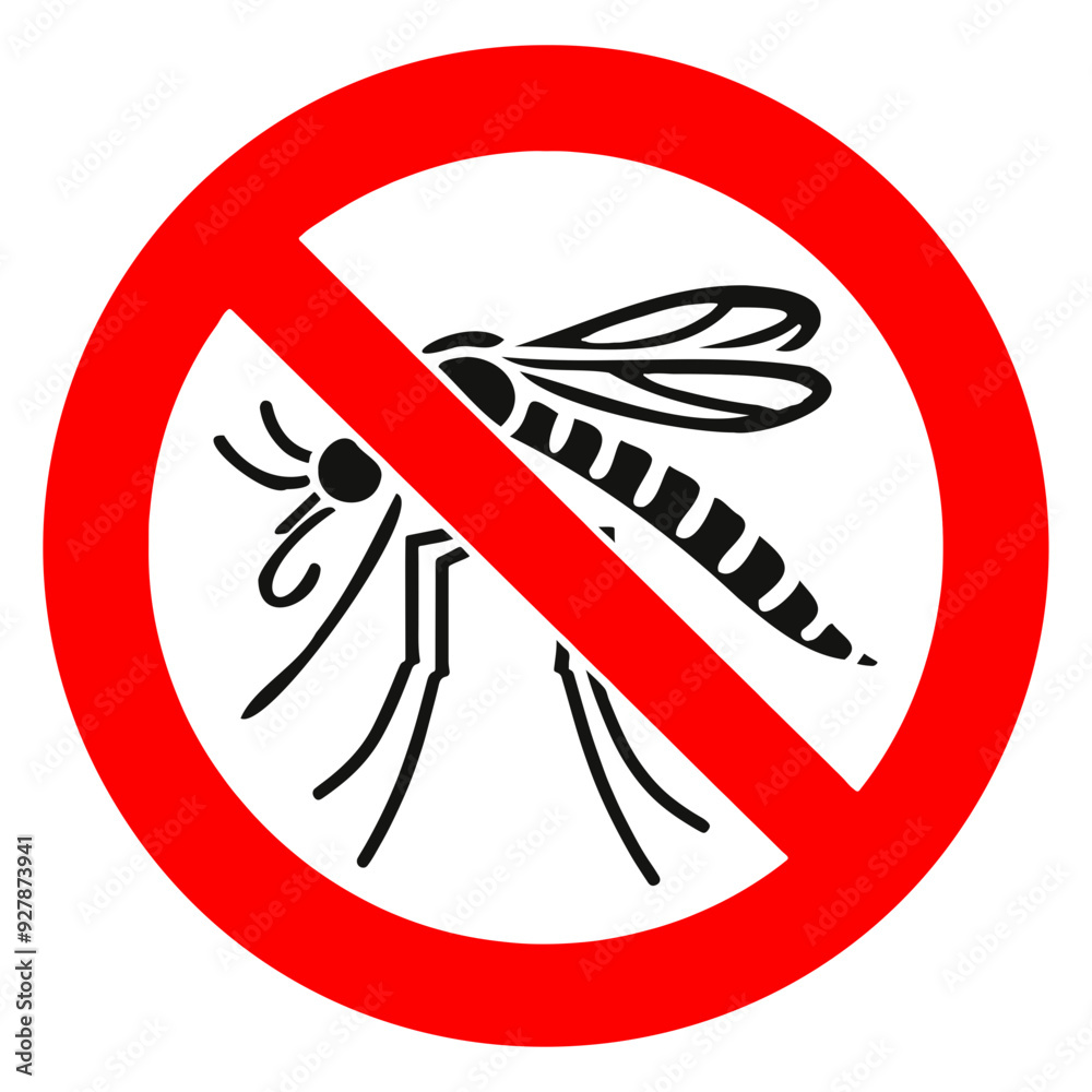 Vector illustration of mosquito silhouette inside red prohibition circle, signifying ban or destruction of mosquitoes for disease prevention and public health safety, insecticide symbol icon Vector illustration of mosquito silhouette inside red prohibition circle, signifying ban or destruction of mosquitoes for disease prevention and public health safety, insecticide symbol icon