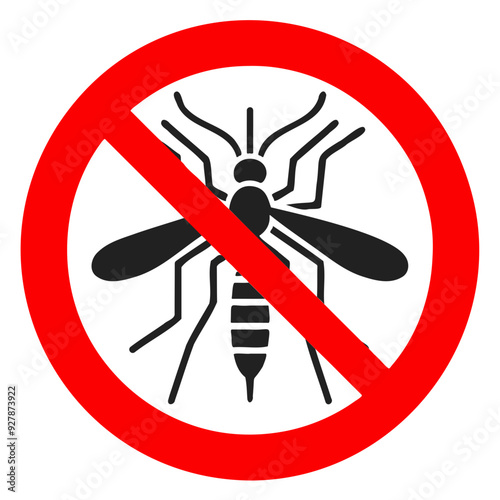 Vector illustration of mosquito silhouette inside red prohibition circle, signifying ban or destruction of mosquitoes for disease prevention and public health safety, insecticide symbol icon