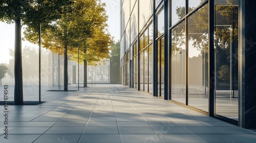 Modern Building Facade with Glass Windows and Trees
