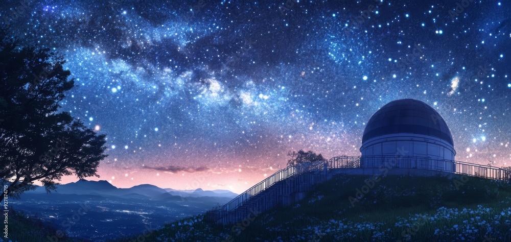 Enchanted anime-style Starry Night at the Observatory: A Magical Night Sky Experience for Astronomical Education and Star Gazing, Ideal for Travel Posters and 4K Wallpapers,Anime-Style,illustration,Pi