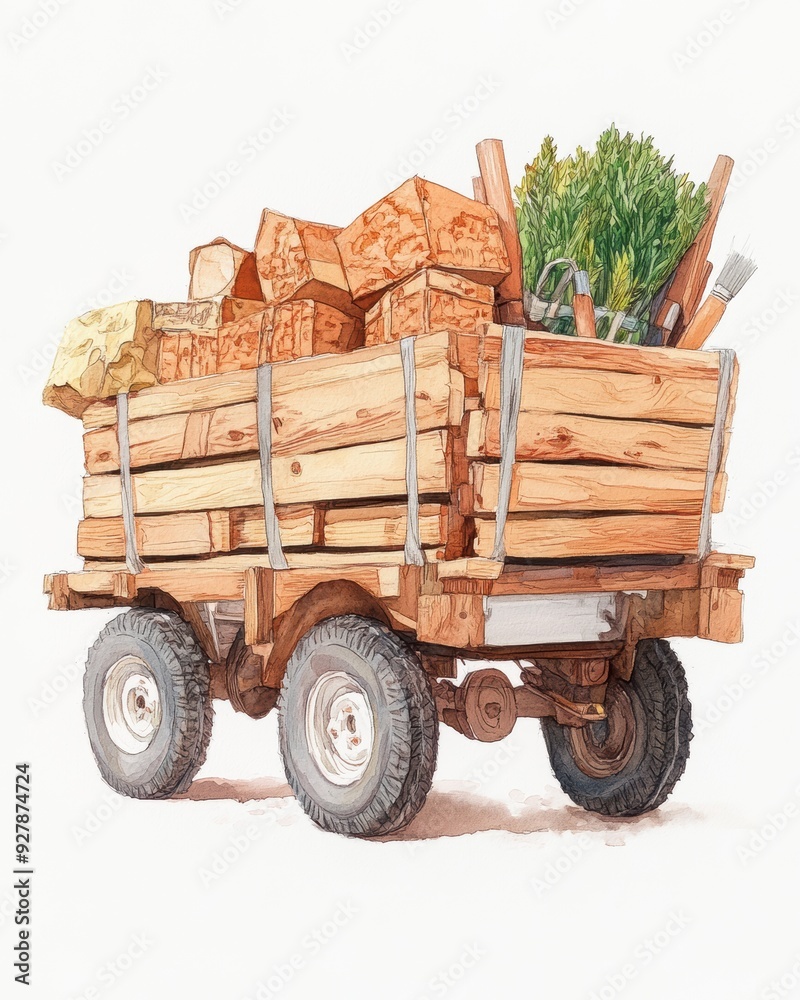 Obraz premium Wooden cart filled with logs and greenery, perfect for rustic and agricultural themes in artwork and design. watercolor style.