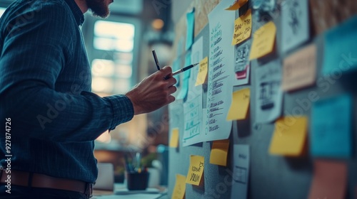 Man Planning Business Strategy on Whiteboard with Sticky Notes