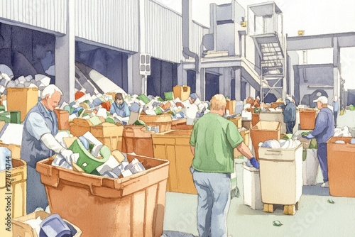 Workers sorting recyclables in a facility, emphasizing teamwork and sustainability for a cleaner environment. watercolor style.