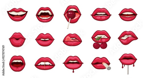 The Cartoon Pink Lips Vector Set. Multiple Expression