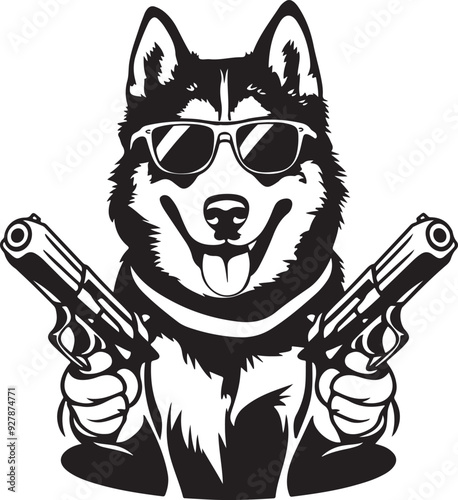 Siberian Husky Dog with Guns Stylized Vector Illustration