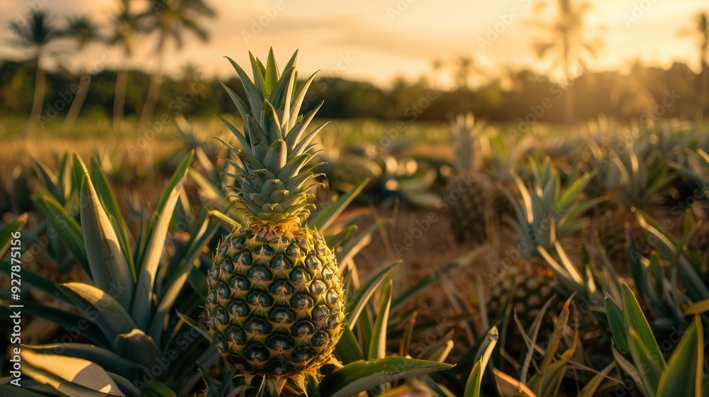 Fresh pineapple fruit growing in plantation field in farm Fresh pineapple fruit growing in plantation field in farm