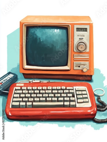 Vintage Computer Setup with Red and Orange Color Palette