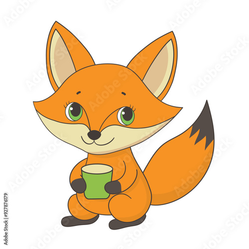 Little funny cute fox holding a mug, vector illustration