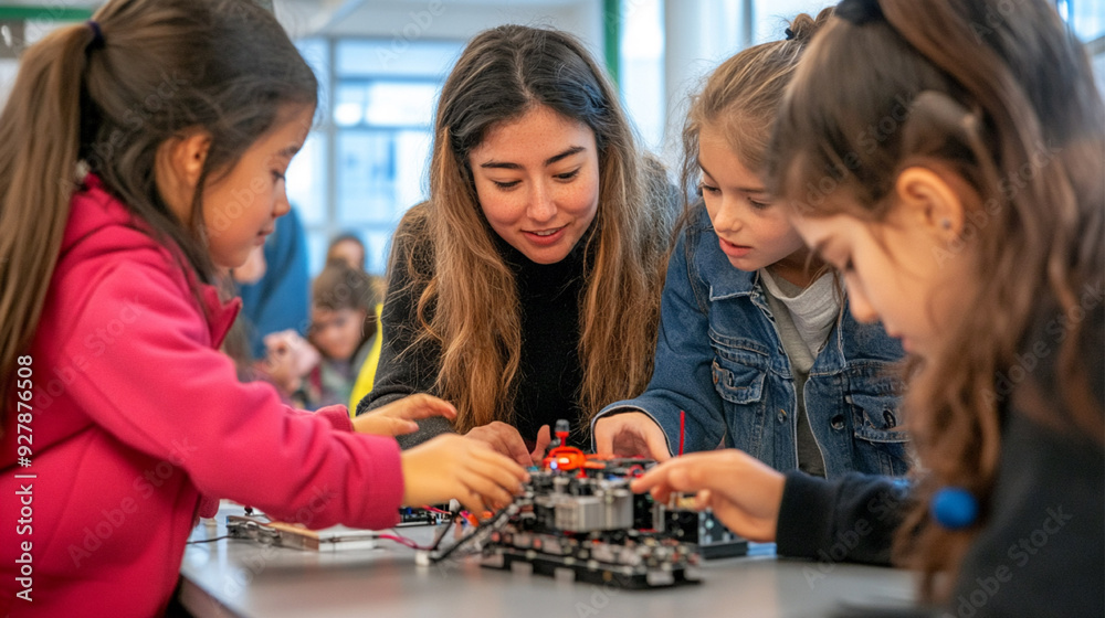 Fototapeta premium Female teacher helping girls work on a small robot, assembling a robotic kit in an after-school robotics club, highlighting children’s involvement in science and technology.