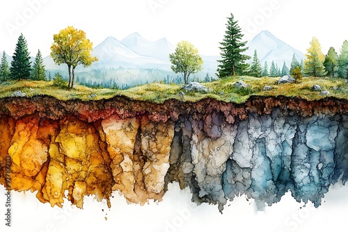 Watercolor cross-section of soil horizons with a serene mountain landscape above.