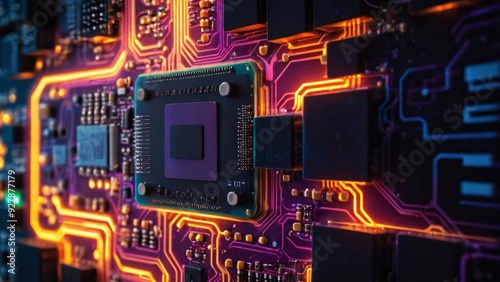 Microchip, circuit board, technology, electronics, cyberpunk, neon, futuristic, digital, processor, computer, semiconductor, silicon, motherboard, CPU, AI, artificial intelligence, data, innovation, h