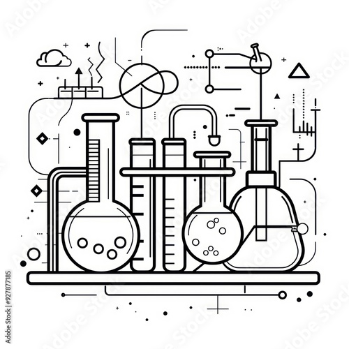 Clean, white background featuring laboratory glassware like flasks and beakers, used in scientific experiments. Highlights bold lines and a graphic draft style.