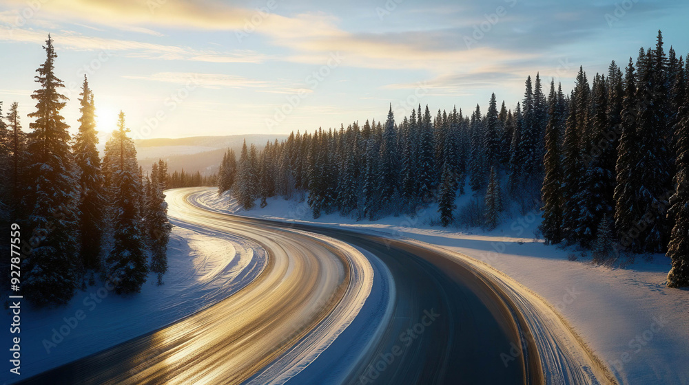 A highway curving through a snowy landscape, with tall pine trees lining the road A highway curving through a snowy landscape, with tall pine trees lining the road