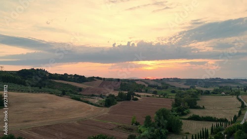 4K Video sunset aerial drone shot of Tuscany Landscape 