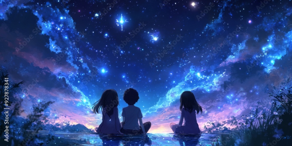Enchanted anime-style Winter Solstice Star Wishes: Characters Praying to the Stars on the Night of the Year's Longest Darkness, Ideal for Festive Seasonal Promotions and Travel Posters,Anime-Style,ill Enchanted anime-style Winter Solstice Star Wishes: Characters Praying to the Stars on the Night of the Year's Longest Darkness, Ideal for Festive Seasonal Promotions and Travel Posters,Anime-Style,ill