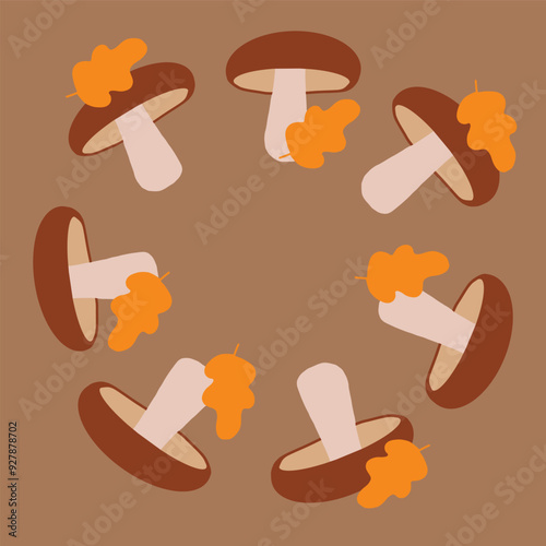 Whimsical arrangement of mushrooms with orange caps on a brown background