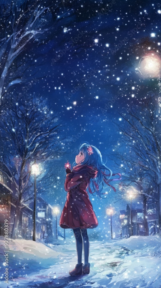 Enchanted anime-style Winter Solstice Star Wishes: Characters Praying to the Stars on the Night of the Year's Longest Darkness, Ideal for Festive Seasonal Promotions and Travel Posters,Anime-Style,ill Enchanted anime-style Winter Solstice Star Wishes: Characters Praying to the Stars on the Night of the Year's Longest Darkness, Ideal for Festive Seasonal Promotions and Travel Posters,Anime-Style,ill
