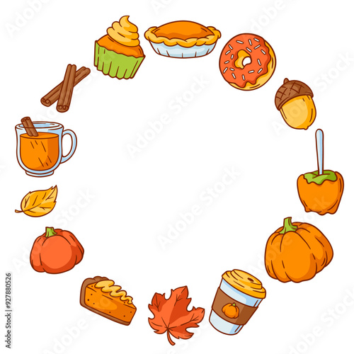 Autumn items and food design. Happy Thanksgiving Day and Halloween traditional symbols.