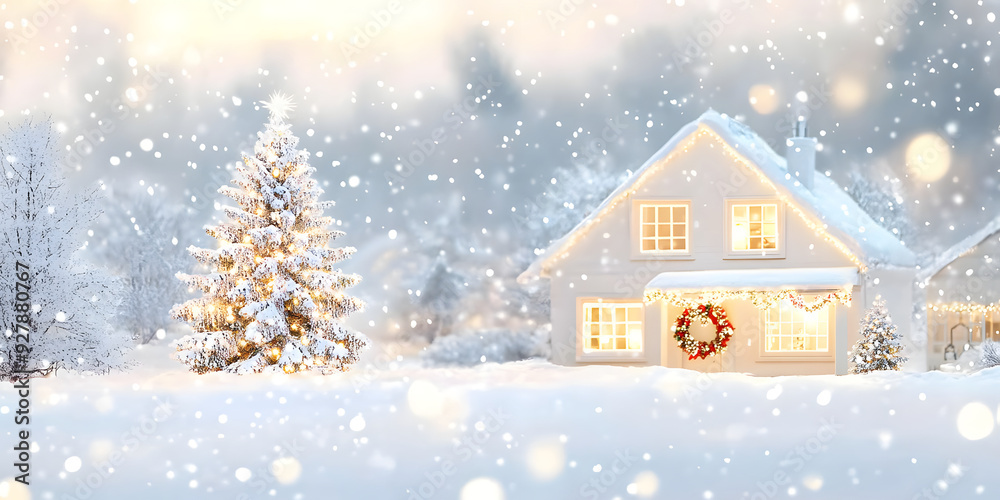 Naklejka premium Cozy Winter Night Scene of a Decorated Christmas House