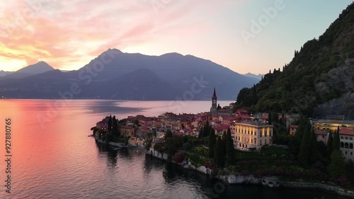 Drone aerial shoot of sunset on Lake Como, Varenna 4k footage