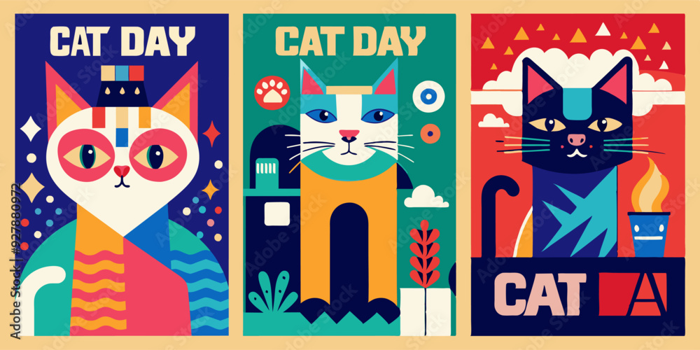 A set of three vibrant posters celebrating cat day A set of three vibrant posters celebrating cat day