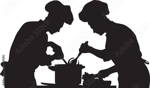 Two Chefs Cooking Silhouette Vector Illustration