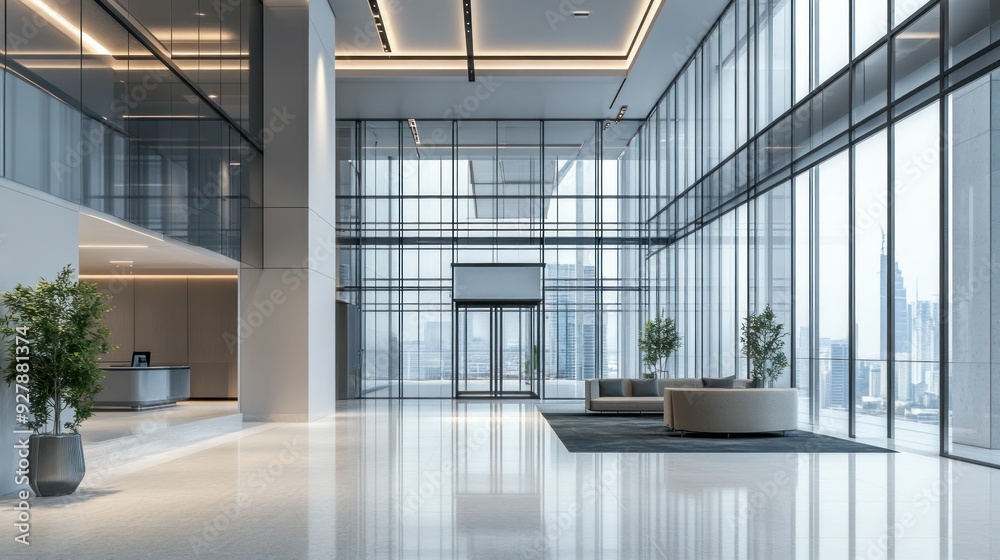 Modern Office Lobby with City View Modern Office Lobby with City View