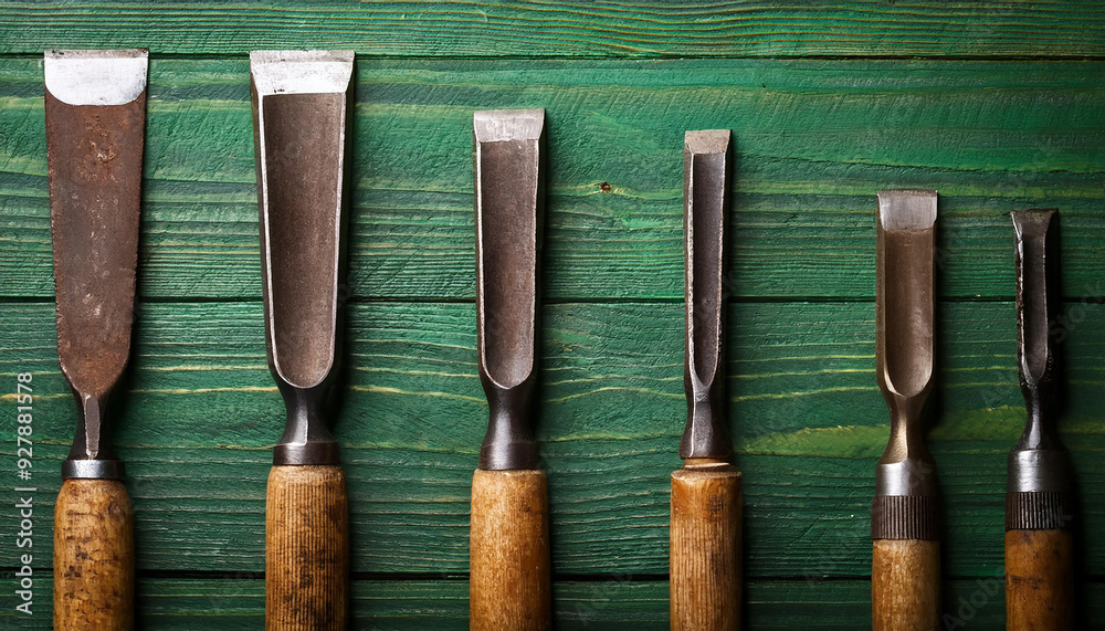 antiquated chisels on a green wooden background antiquated chisels on a green wooden background