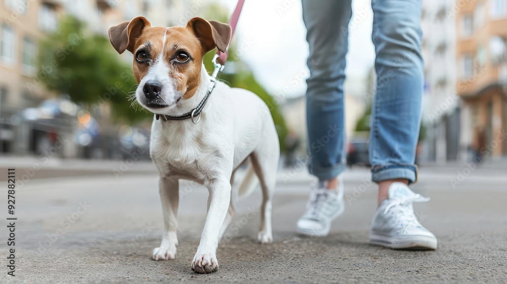 Dog exploring a city on a leash with its owner, National Dog Day, urban adventure Dog exploring a city on a leash with its owner, National Dog Day, urban adventure
