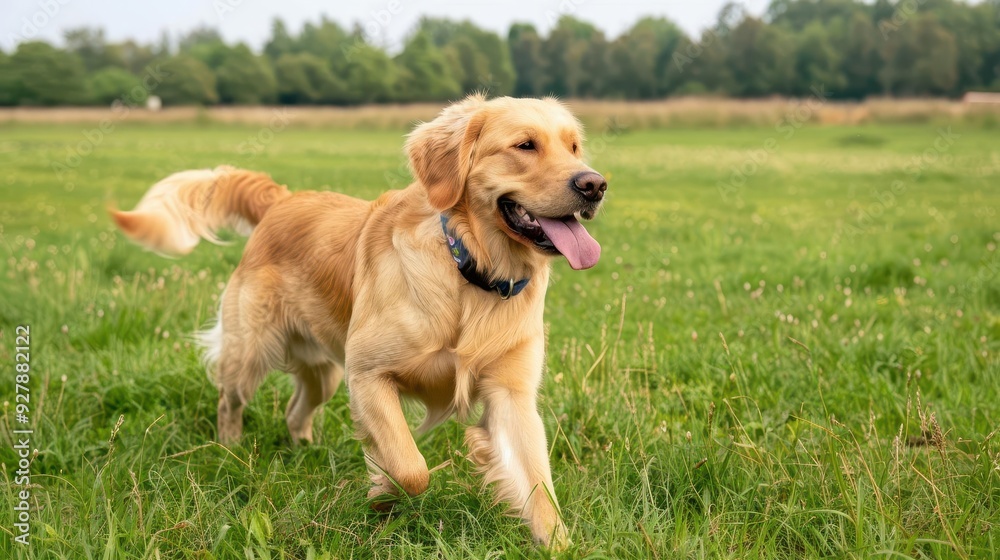 Dog playing fetch in a large open field, National Dog Day, exercise and fun Dog playing fetch in a large open field, National Dog Day, exercise and fun