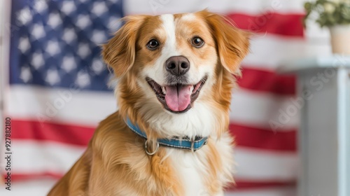 Dog sitting proudly in front of an American flag, National Dog Day, patriotic pride