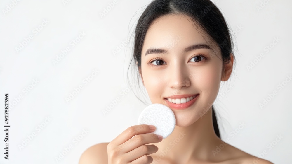 Smiling Woman Applying Makeup with a Cotton Pad Smiling Woman Applying Makeup with a Cotton Pad