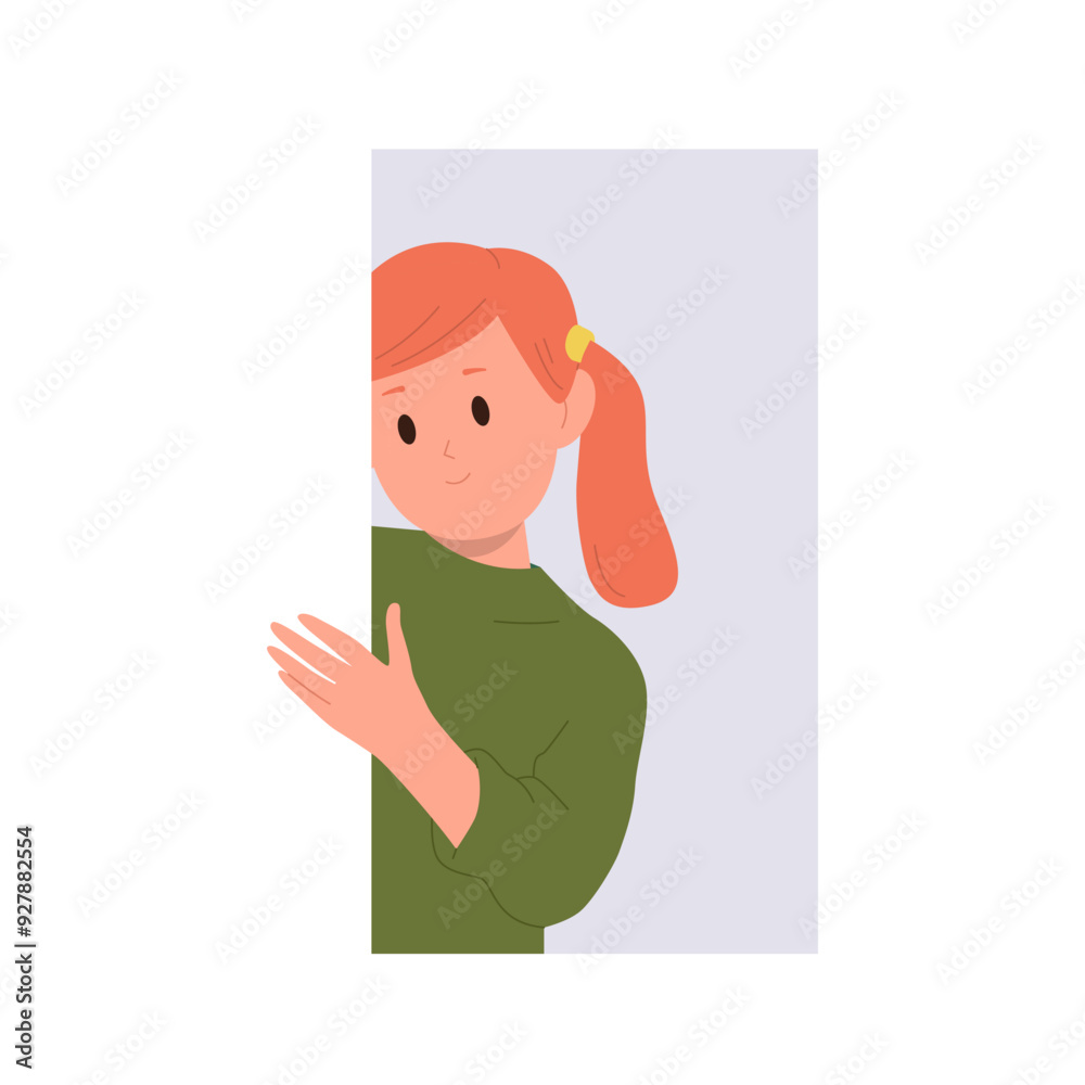 Smiling curious girl child cartoon character peeking out staring eyes watching with interest Smiling curious girl child cartoon character peeking out staring eyes watching with interest