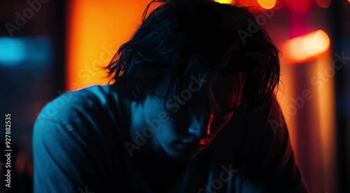 A young, lonely, depressed and upset teenager is alone in his dark room sitting alone. A teenager at home because of problems. Alcohol abuse, addiction concept.
