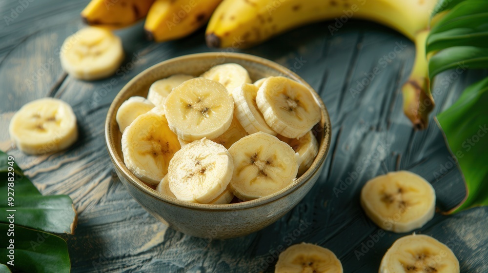 Fresh sliced banana fruit in a bowl on wooden table closeup view Fresh sliced banana fruit in a bowl on wooden table closeup view