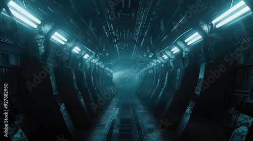 Dark spooky interior of futuristic alien spaceship, scary corridor inside extraterrestrial spacecraft. Theme of space, future, sci-fi, ship, horror, science, background