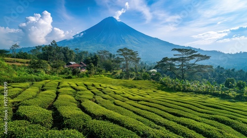 Green Tea Plantation with Majestic Mountain in Background