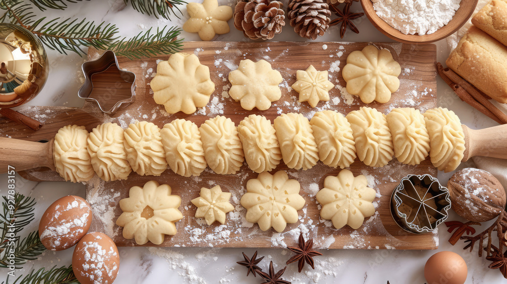 A flat lay of a baking scene, with dough, rolling pin, and cookie cutters on a floured surface A flat lay of a baking scene, with dough, rolling pin, and cookie cutters on a floured surface