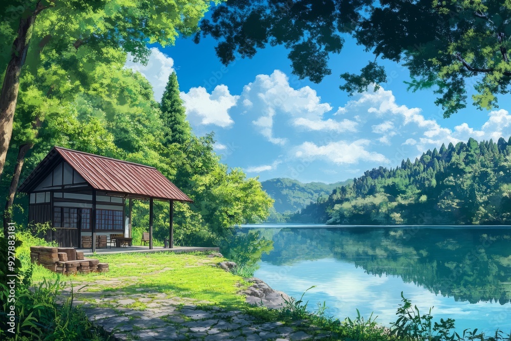 Obraz premium anime-style Enchanted Lakeside Cabin: A Tranquil Summer Retreat Amidst a Serene Mirror-Like Lake, Free from Tourist Clutter,Anime-Style,illustration,Picture BooksFor Poster,Novel,UI,WEB,Game,Design,Ab