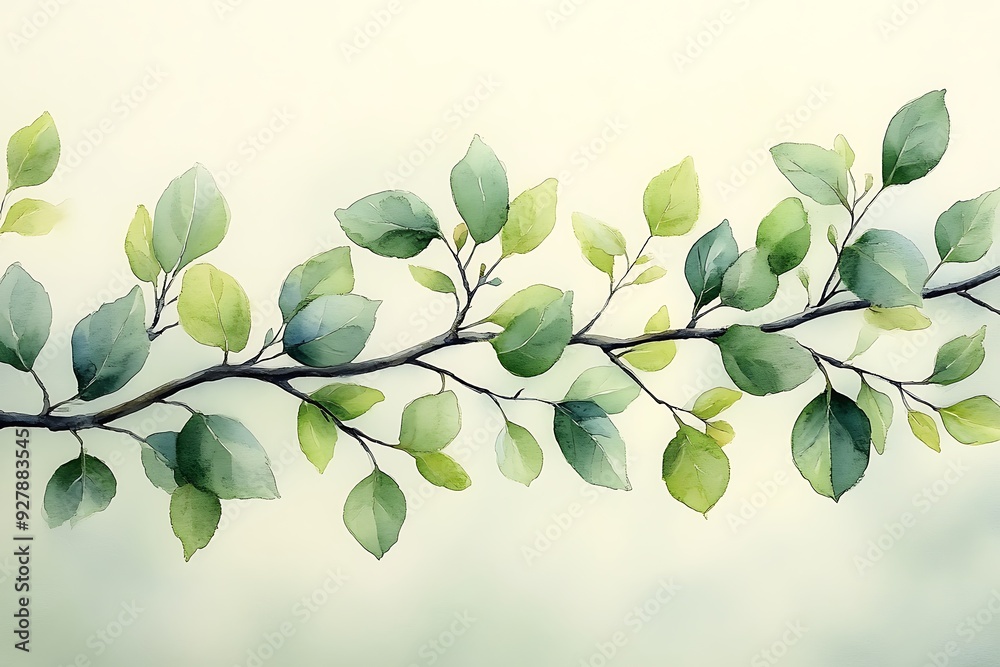 Obraz premium Watercolor illustration of a twig with delicate green leaves on a light background.