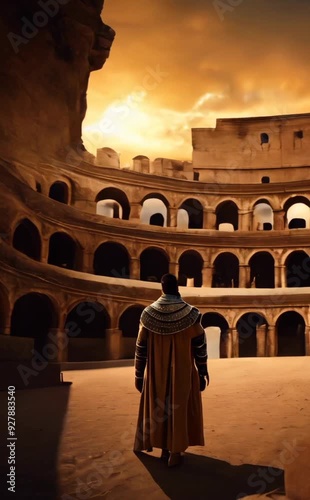 Man from ancient Greece, at the entrance to the Roman colyceum with Greek travel costume, chlamys, garment hanging on his back